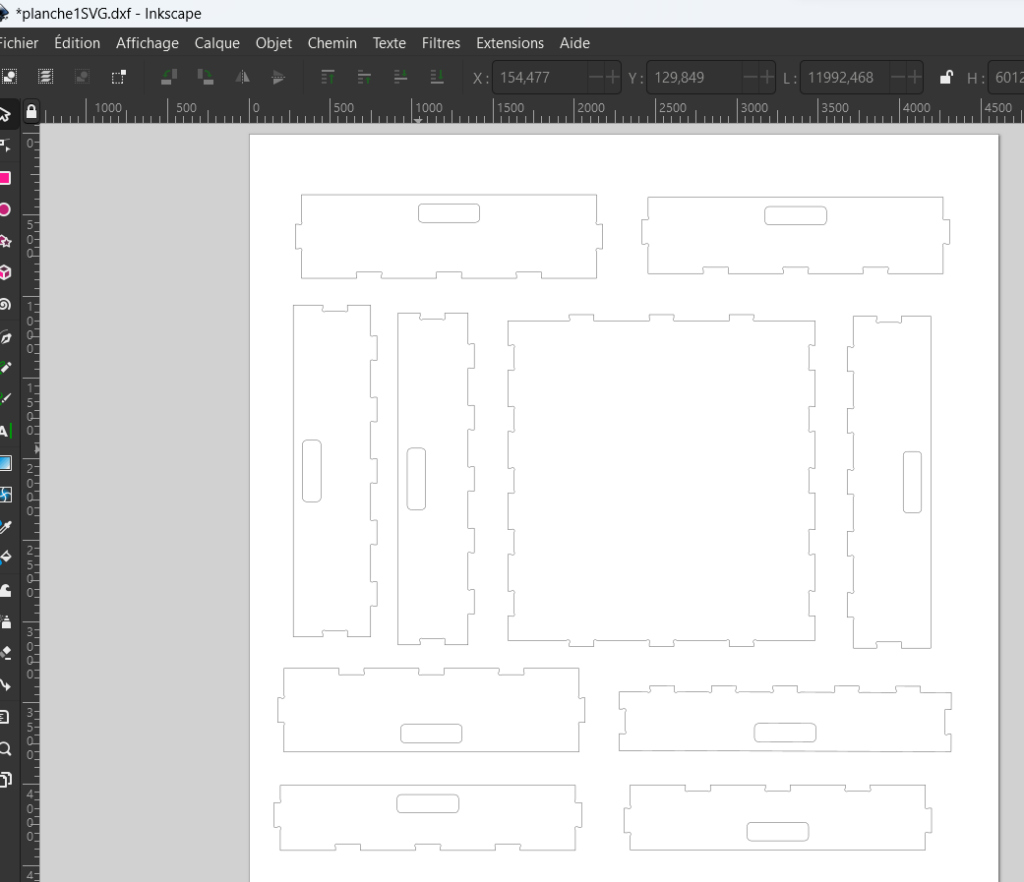 Mes pièces disposées sur le schéma du matériaux, figuré par le plan de travail inkscape